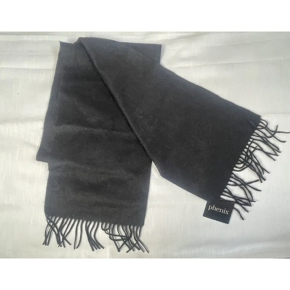 Phenix Black 100% Cashmere Fringe Lightweight Scarf 74”x11” Unisex New